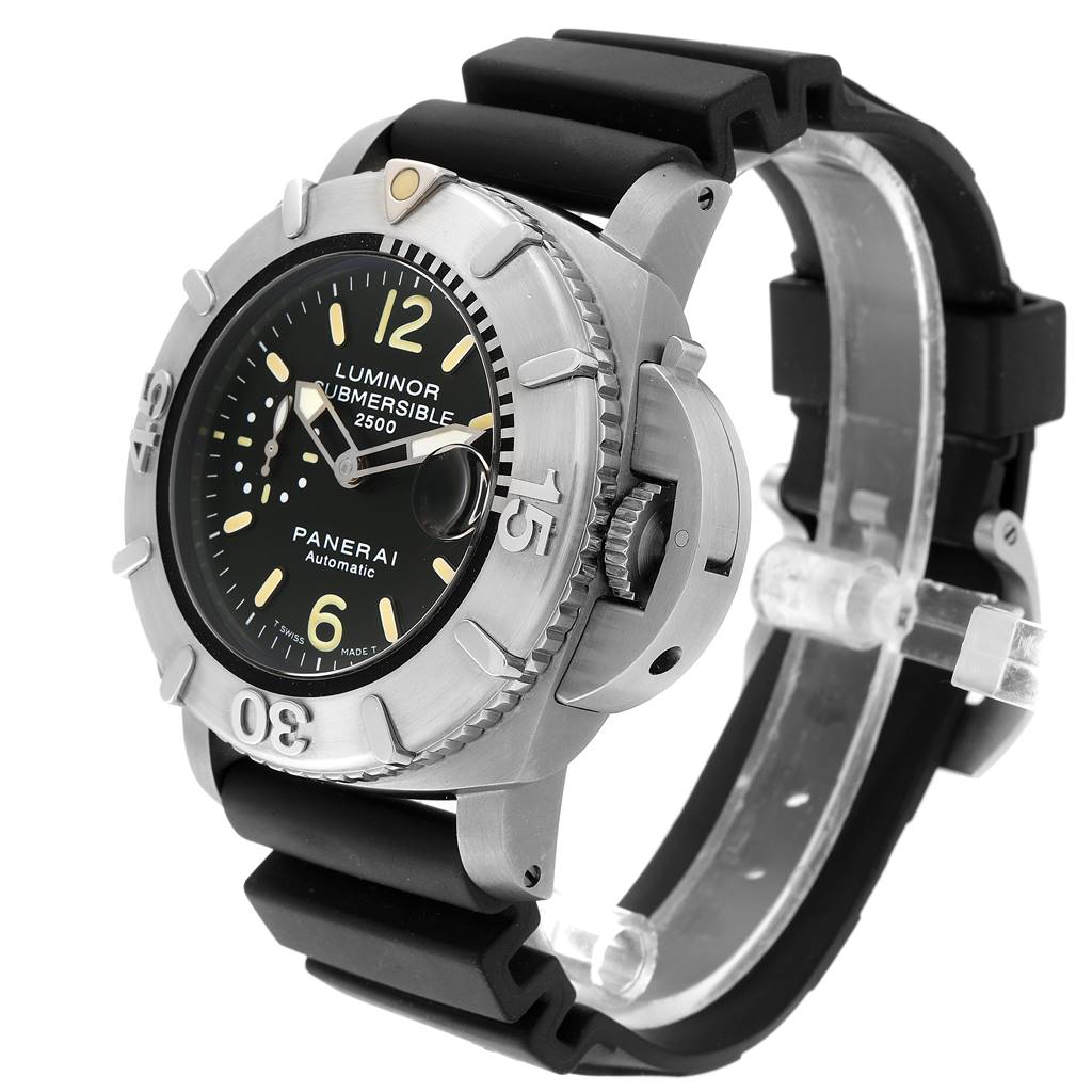 This image shows a Panerai Submersible PAM00194 Men's Titanium Black Dial PAM00194 Men's Titanium Black Dial watch from an angled side view, highlighting its dial, bezel, and rubber strap.