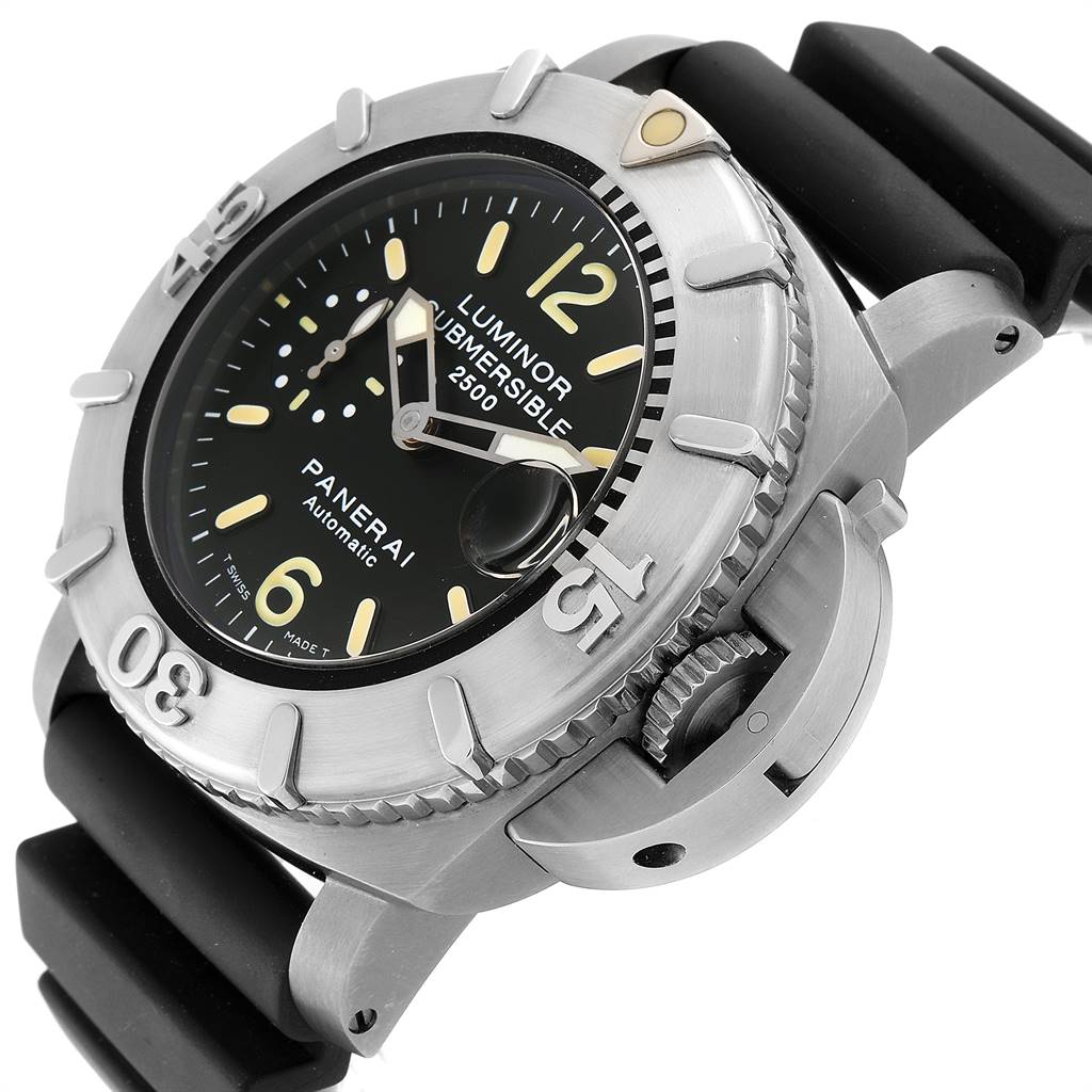 The image shows a Panerai Submersible PAM00194 Men's Titanium Black Dial PAM00194 Men's Titanium Black Dial watch angled to display the bezel, crown guard, dial, and rubber strap.