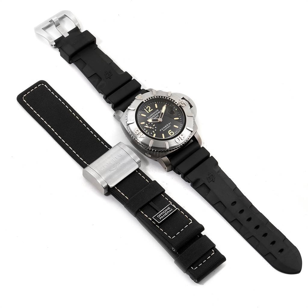 The Panerai Submersible PAM00194 Men's Titanium Black Dial PAM00194 Men's Titanium Black Dial watch is shown with black rubber and fabric straps, angled from above.