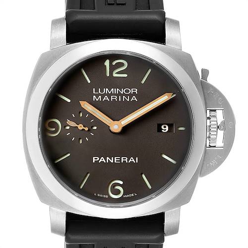 This image shows a frontal view of a Panerai Luminor PAM00351 Men's Titanium Brown Dial PAM00351 Men's Titanium Brown Dial Marina watch, displaying the dial, hands, date window, and crown guard.