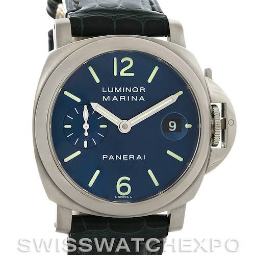 This Panerai Luminor PAM 119 OR PAM119 OR Men's Stainless Steel Blue Dial PAM 119 OR PAM119 OR Men's Stainless Steel Blue Dial watch is shown from the front, highlighting its blue dial, sub-dial, and leather strap.