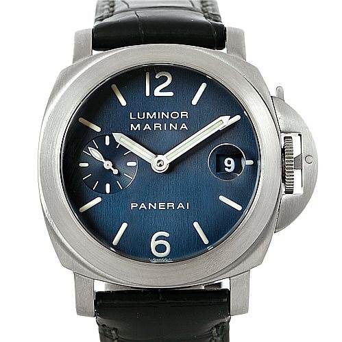 This image shows a front view of a Panerai Luminor PAM119 Men's Stainless Steel Blue Dial PAM119 Men's Stainless Steel Blue Dial model watch with a blue dial, date display, and small seconds sub-dial.