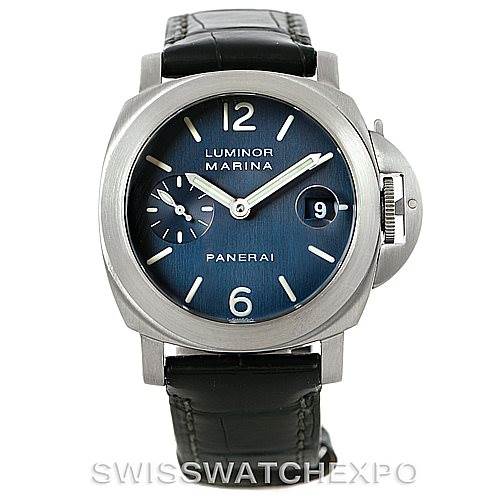 The image shows a Panerai Luminor PAM119 Men's Stainless Steel Blue Dial PAM119 Men's Stainless Steel Blue Dial Marina watch from a front angle, featuring its dial, crown guard, and leather strap.