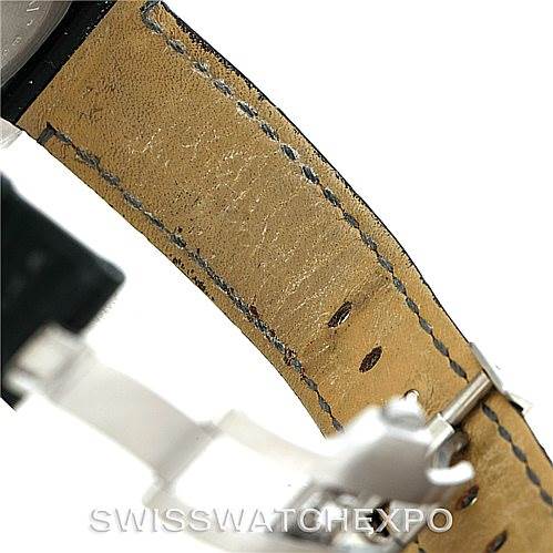 This close-up image shows the leather strap and clasp of a Panerai Luminor PAM119 Men's Stainless Steel Blue Dial PAM119 Men's Stainless Steel Blue Dial watch.