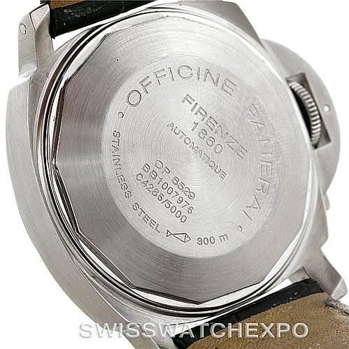 This image shows the back side of a Panerai Luminor PAM119 Men's Stainless Steel Blue Dial PAM119 Men's Stainless Steel Blue Dial watch, highlighting the inscriptions and the stainless steel case.