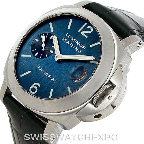 The image shows a close-up angled view of the Panerai Luminor PAM119 Men's Stainless Steel Blue Dial PAM119 Men's Stainless Steel Blue Dial watch, highlighting its blue dial, crown guard, and leather strap.