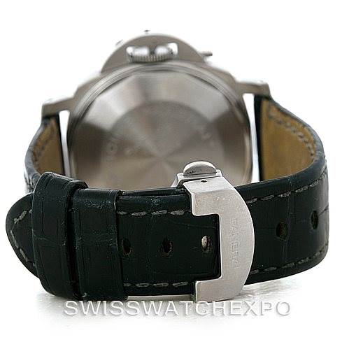 This image shows the back view of a Panerai Luminor PAM119 Men's Stainless Steel Blue Dial PAM119 Men's Stainless Steel Blue Dial watch, focusing on the leather strap and clasp.