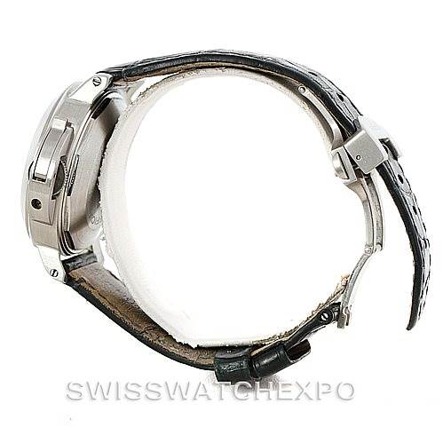 This image shows a side profile of the Panerai Luminor PAM119 Men's Stainless Steel Blue Dial PAM119 Men's Stainless Steel Blue Dial watch, highlighting its casing and leather strap.