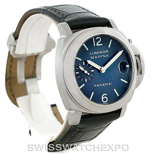 The image shows a Panerai Luminor PAM119 Men's Stainless Steel Blue Dial PAM119 Men's Stainless Steel Blue Dial Marina watch angled to display its face and side, highlighting the dial, hands, crown, and leather strap.