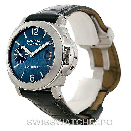 This image shows a Panerai Luminor PAM119 Men's Stainless Steel Blue Dial PAM119 Men's Stainless Steel Blue Dial Marina watch at an angle highlighting its face, side crown guard, and leather strap.