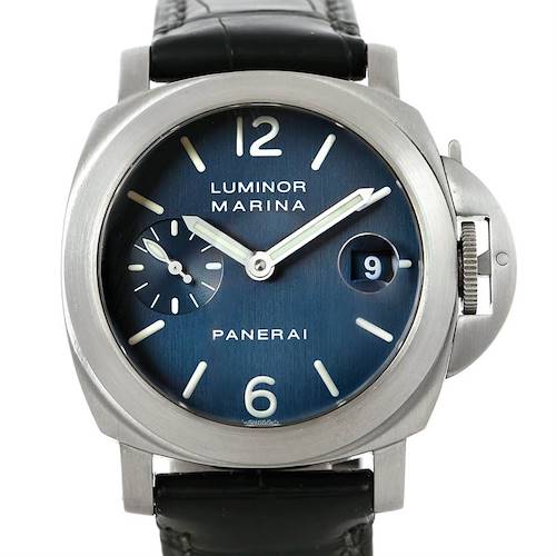 The image shows a front view of a Panerai Luminor PAM119 Men's Stainless Steel Blue Dial PAM119 Men's Stainless Steel Blue Dial watch, detailing its face, hands, dial, and crown guard.