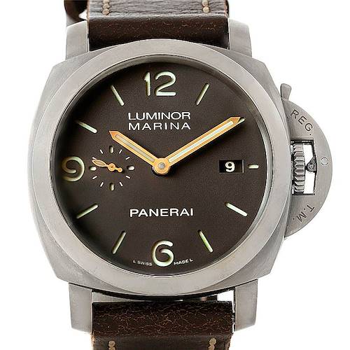 This image shows a front view of the Panerai Luminor PAM00351 Men's Titanium Brown Dial PAM00351 Men's Titanium Brown Dial Marina watch, displaying the dial, hands, date window, and crown guard.