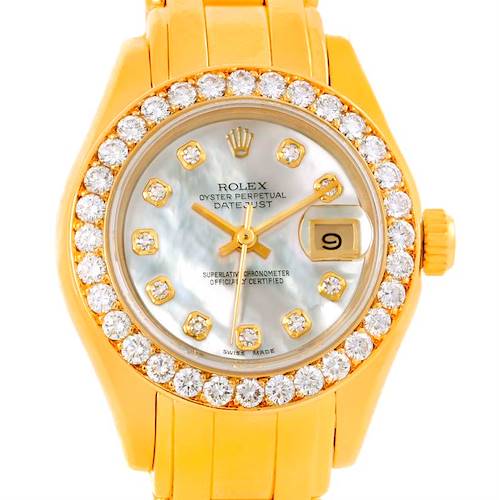 The Rolex Pearlmaster 69298 Women's Yellow Gold Mother of Pearl Dial 69298 Women's Yellow Gold Mother of Pearl Dial watch is shown from a front angle, displaying the face, bezel with diamonds, and part of the bracelet.