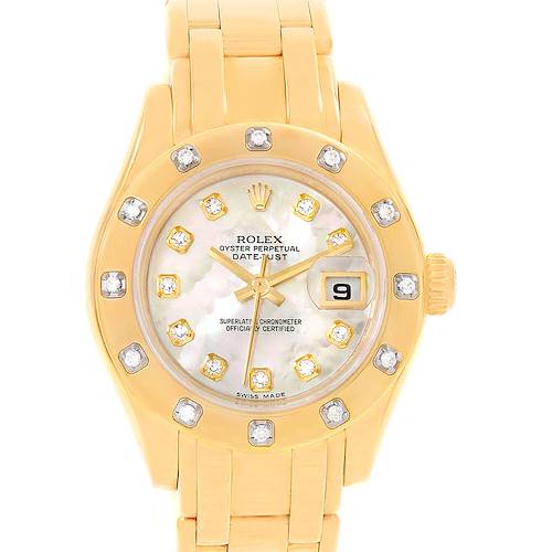 The image shows a frontal view of a Rolex Pearlmaster 80318 Women's Yellow Gold Mother of Pearl Dial 80318 Women's Yellow Gold Mother of Pearl Dial watch, displaying the dial, bezel, and part of the bracelet.