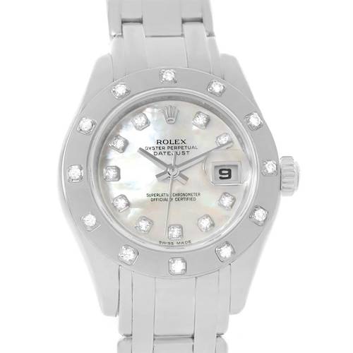 The image shows a front view of the Rolex Pearlmaster 80319 Women's White Gold Mother of Pearl Dial 80319 Women's White Gold Mother of Pearl Dial watch, highlighting its diamond-set bezel and dial.