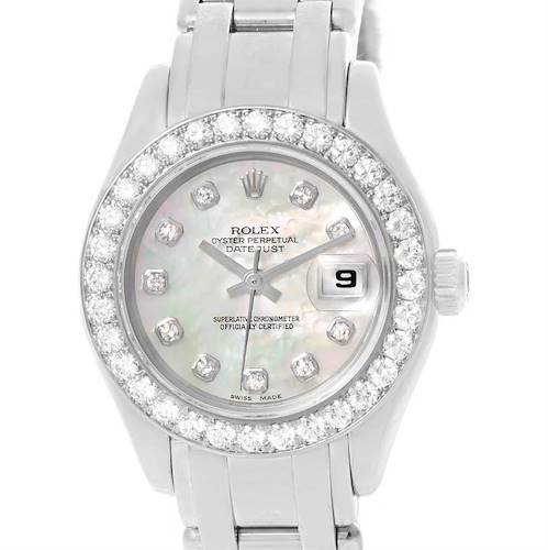 This image shows a close-up, front view of the Rolex Pearlmaster 80299 Women's White Gold Mother of Pearl Dial 80299 Women's White Gold Mother of Pearl Dial watch, highlighting the face, bezel, and part of the bracelet.