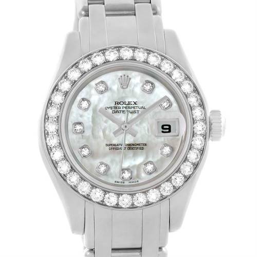 The Rolex Pearlmaster 80299 Women's White Gold Mother of Pearl Dial 80299 Women's White Gold Mother of Pearl Dial watch is shown from a direct front angle, displaying the mother-of-pearl dial, diamond hour markers, and date window.