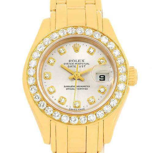 This image shows a front view of the Rolex Pearlmaster 69298 Women's Yellow Gold Silver Dial 69298 Women's Yellow Gold Silver Dial watch, featuring the dial, bezel, bracelet, and crown.