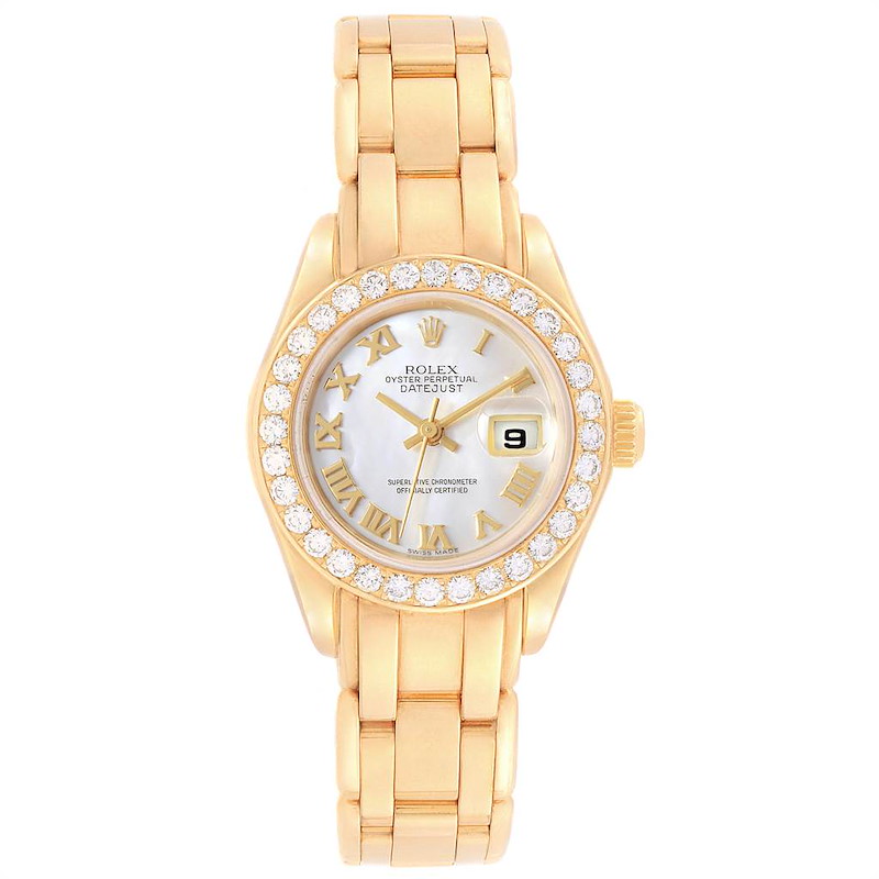 The image shows a Rolex Pearlmaster 69298 Women's Yellow Gold Mother of Pearl Dial 69298 Women's Yellow Gold Mother of Pearl Dial watch from a top-down angle, displaying the watch face, bezel, crown, and part of the bracelet.