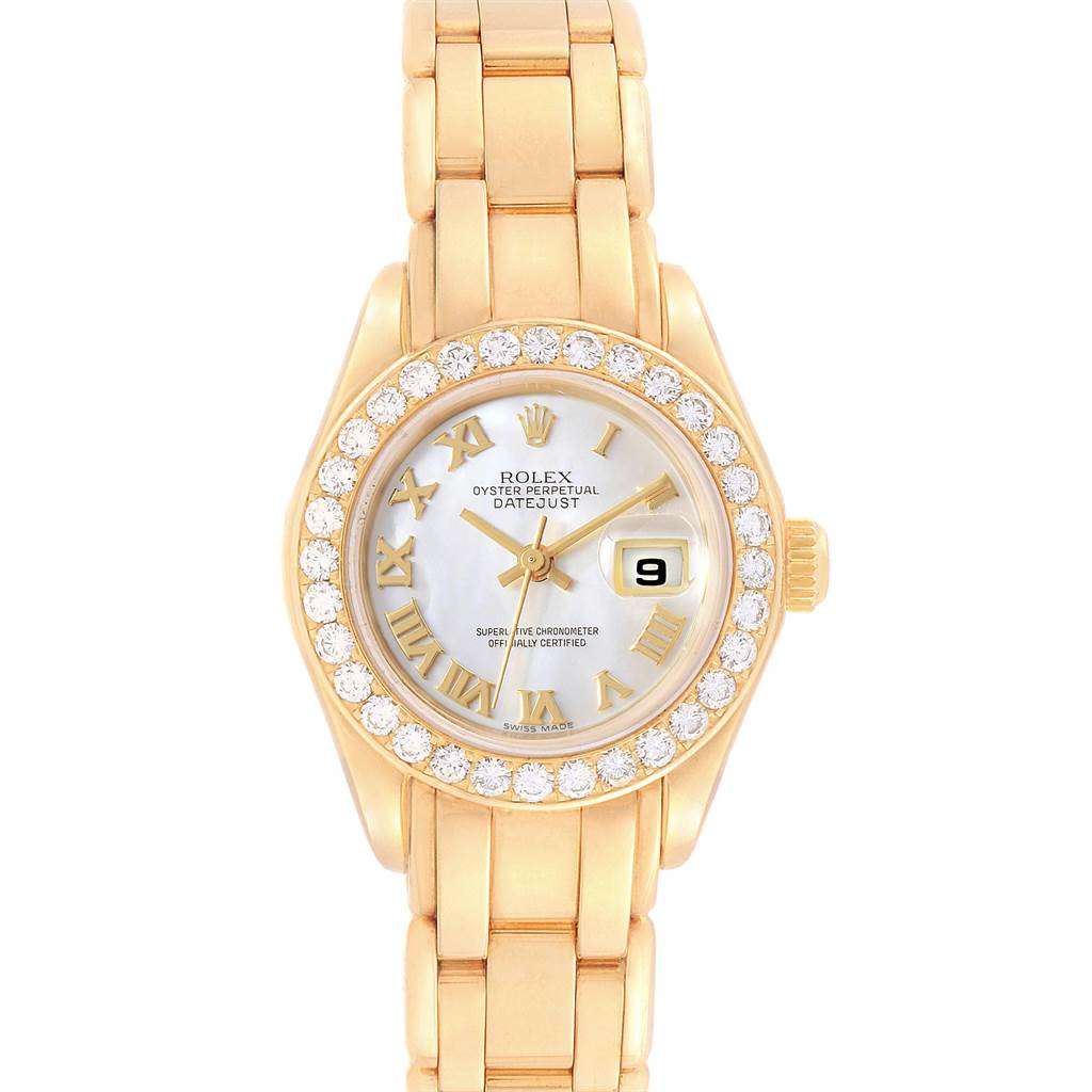 The image shows a Rolex Pearlmaster 69298 Women's Yellow Gold Mother of Pearl Dial 69298 Women's Yellow Gold Mother of Pearl Dial watch from a top-down angle, highlighting the dial, bezel, and bracelet.