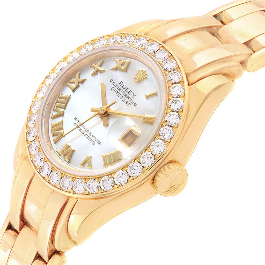 The image shows a close-up angle of the Rolex Pearlmaster 69298 Women's Yellow Gold Mother of Pearl Dial 69298 Women's Yellow Gold Mother of Pearl Dial watch, highlighting the face, bezel, crown, and part of the bracelet.