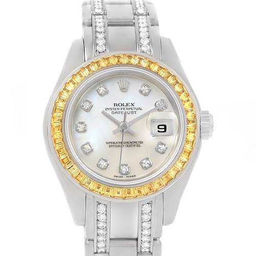 The Rolex Pearlmaster 69309 Women's White Gold Mother of Pearl Dial 69309 Women's White Gold Mother of Pearl Dial watch is shown from a front angle, displaying its face, diamond hour markers, and metallic band.