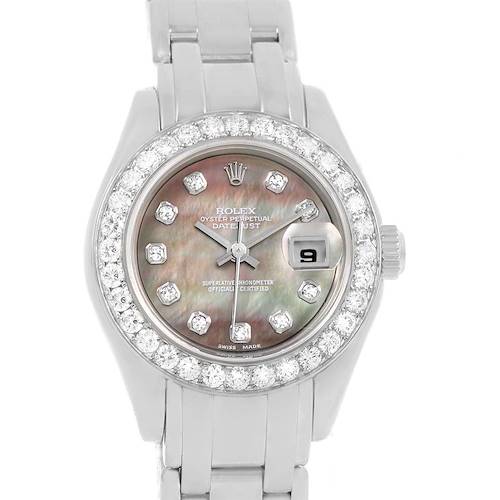 This image shows a front view of the Rolex Pearlmaster 80299 Women's White Gold Mother of Pearl Dial 80299 Women's White Gold Mother of Pearl Dial watch, highlighting its face, diamond bezel, bracelet, and date display.