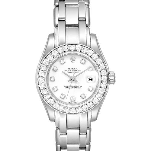 This image shows a top-down view of the Rolex Pearlmaster 80299 Women's White Gold White Dial 80299 Women's White Gold White Dial watch, highlighting its diamond bezel, face, and stainless steel bracelet.