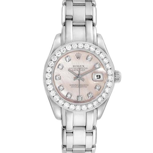 The image shows a front view of the Rolex Pearlmaster 80299 Women's White Gold Mother of Pearl Dial 80299 Women's White Gold Mother of Pearl Dial watch, highlighting the dial, bezel, bracelet, and date display.