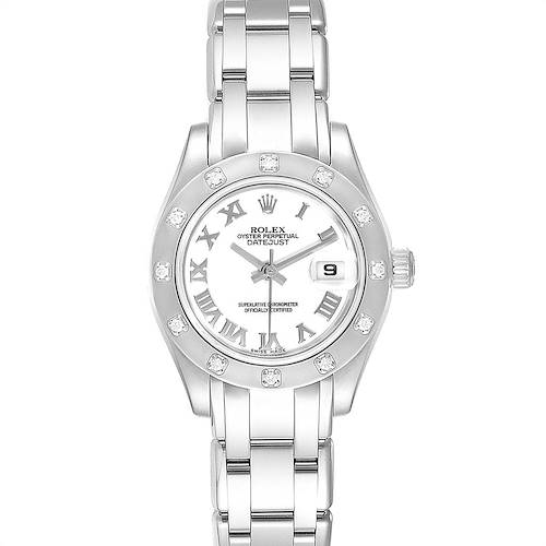 The image shows a front view of a Rolex Pearlmaster 80319 Women's White Gold White Dial 80319 Women's White Gold White Dial watch, displaying the dial, bezel, and part of the bracelet.
