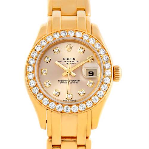 The Rolex Pearlmaster 802998 Women's Yellow Gold Mother of Pearl Dial 802998 Women's Yellow Gold Mother of Pearl Dial watch is shown from the front, displaying its dial, bezel, hands, bracelet, and date window.